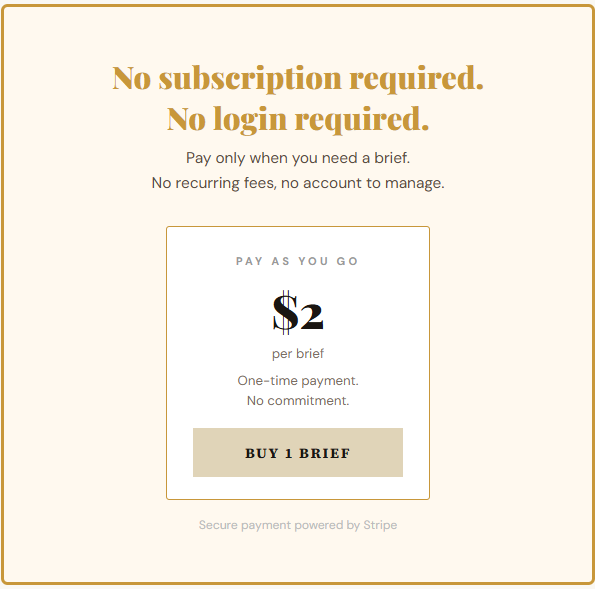 Pricing: $2 per brief, no subscription