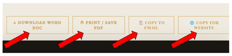 Make A Brief export buttons for Word Doc, PDF, and Email